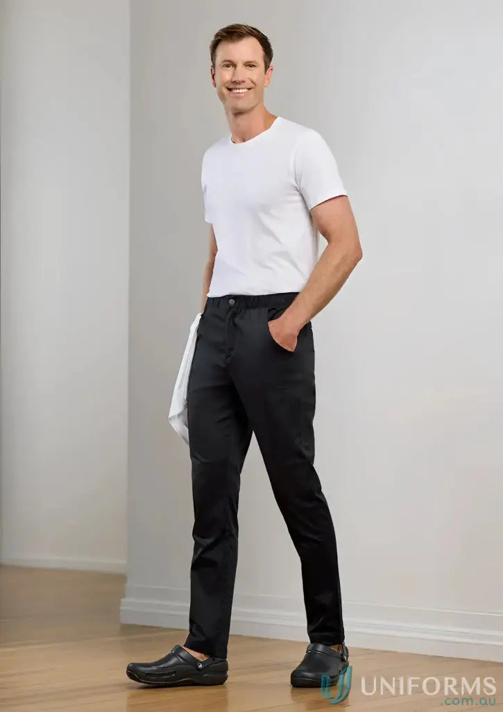 Man in white T-shirt wearing Mens Saffron Chef Flex Pant for professional style look