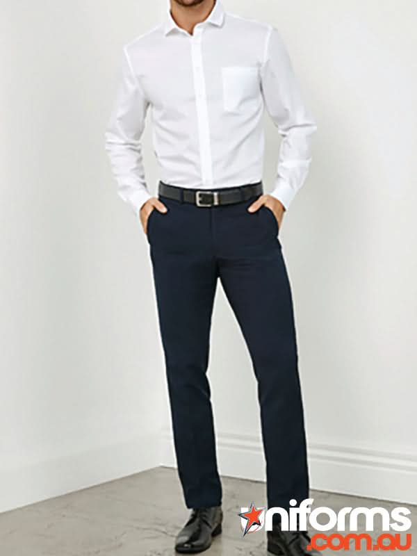 Mens classic slim BS720M pant back: navy blue straight-leg trousers