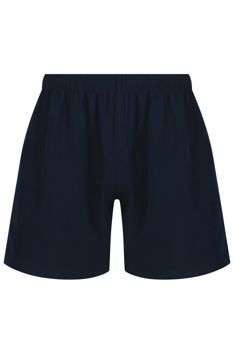 Navy blue mens training shorts with elastic waistband
