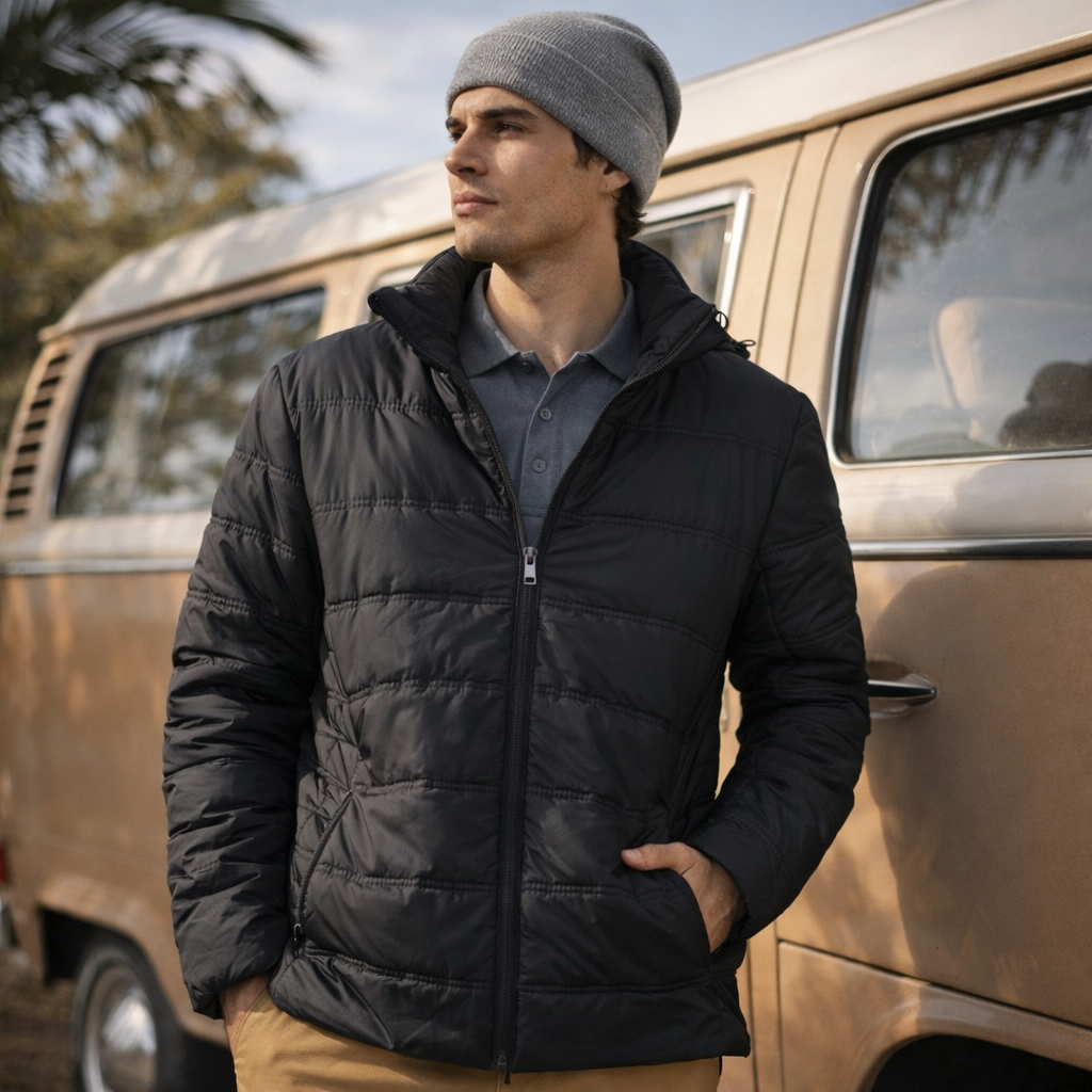 Black quilted puffer jacket with hood and front zipper ideal for work uniforms and warm workwear use