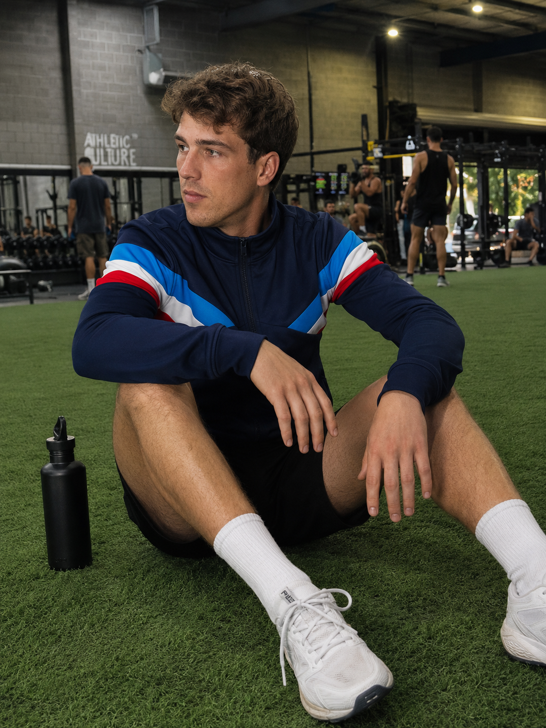 Person sitting on a gym floor with athletic wear and water bottle
