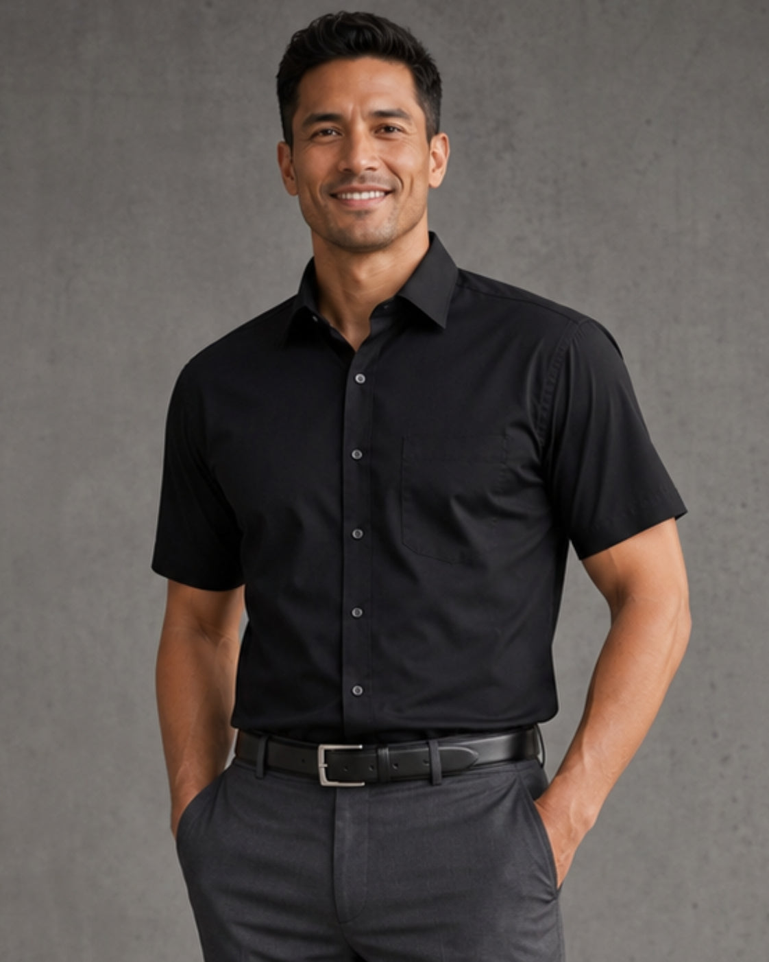 A man wearing a black short-sleeve button-down dress shirt with dark gray dress pants and a black belt, standing against a textured gray studio background.
