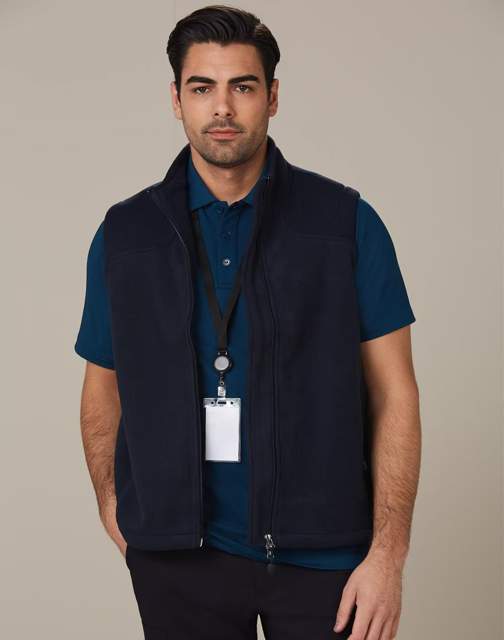 Navy blue arjo mens micro polar fleece vest with front zipper and collar perfect for workwear and uniforms