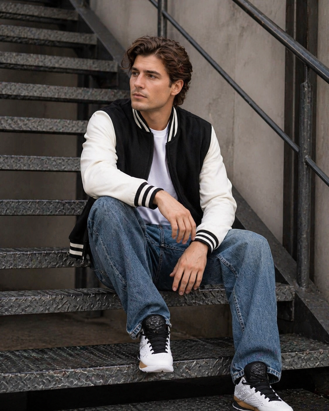 Black and white varsity wool blend jacket with striped cuffs and collar ideal for work uniforms and casual workwear