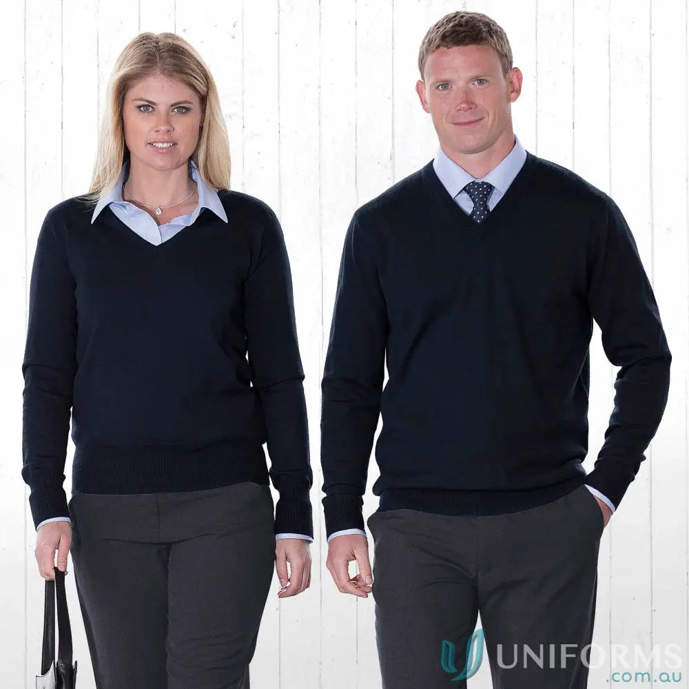 Gear For Life EGMDP Merino Detailed Vee Sweater in Dark Blue Australian Merino Wool in Navy front product image