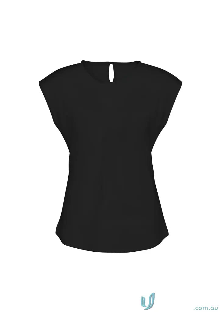 Mia Ladies Knit Top black cap-sleeved blouse in elastane jersey knit with offset pleat fold