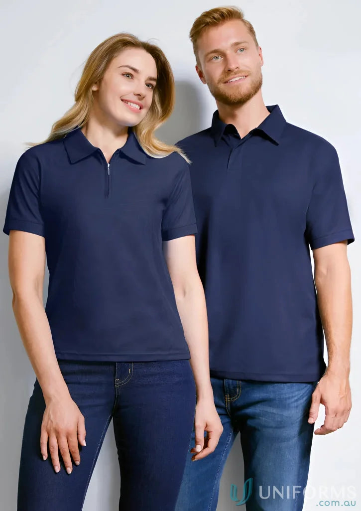 Two people wearing navy Micro Waffle Polo shirts from Biz Collection P3300 mens collection
