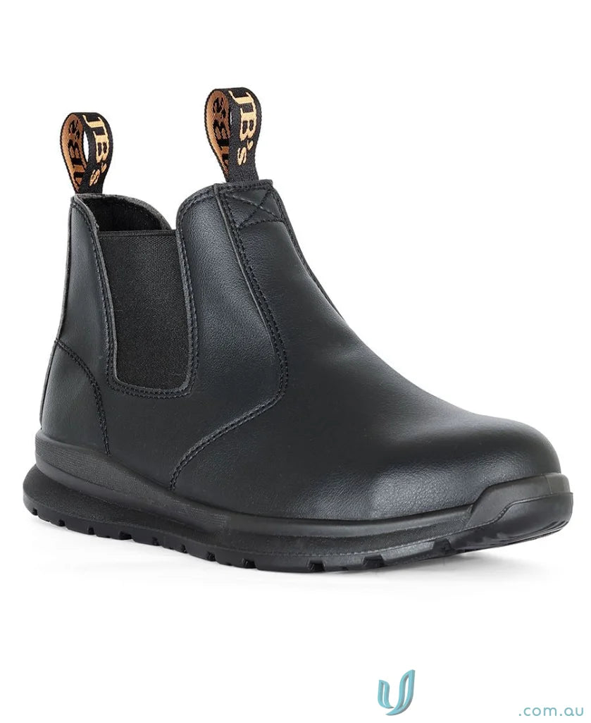 Black leather Chelsea work boots with elastic sides and pull tabs, resistant sole for uniforms