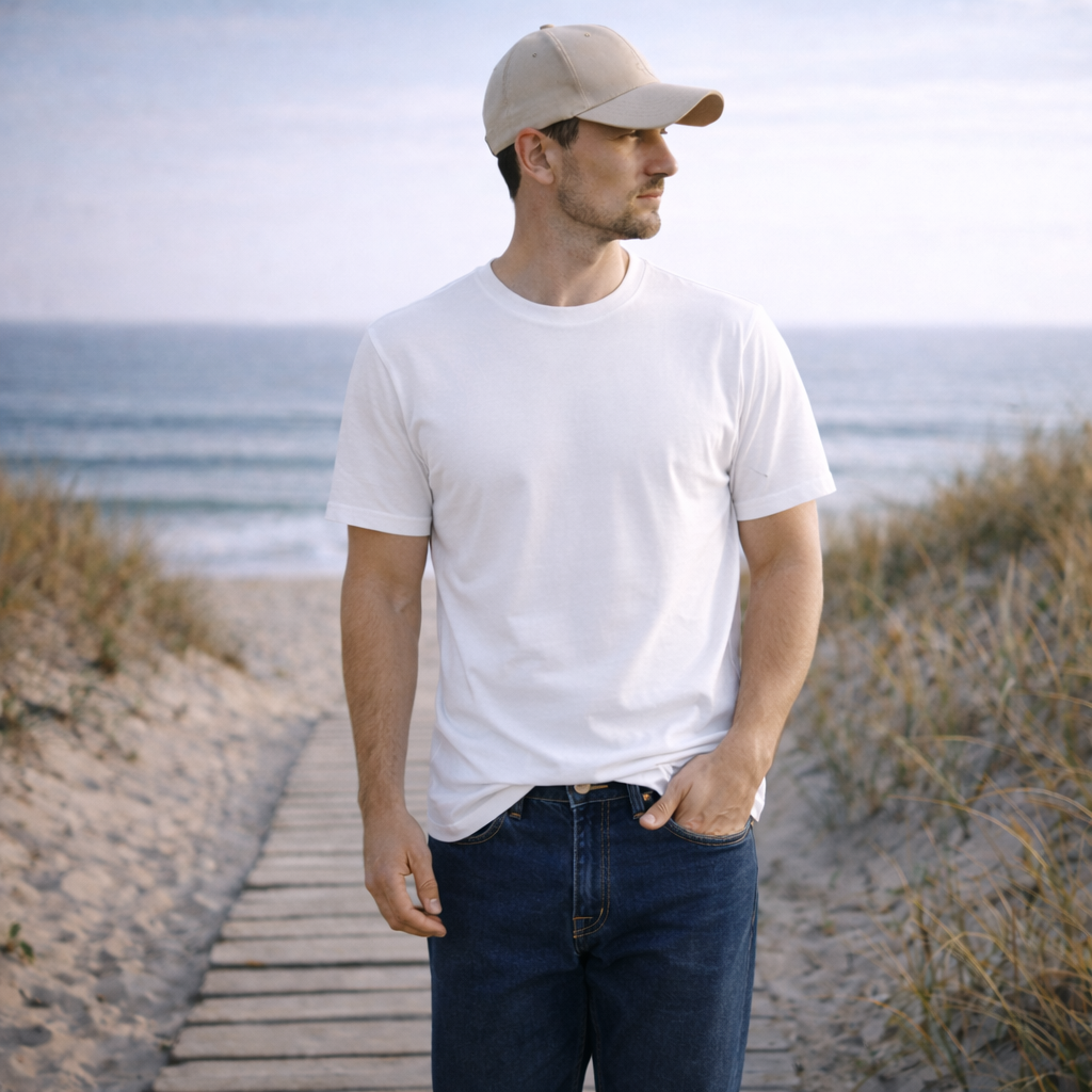 A man wearing mid blue denim jeans and a plain white cotton t-shirt suitable for workwear uniforms and work uniforms