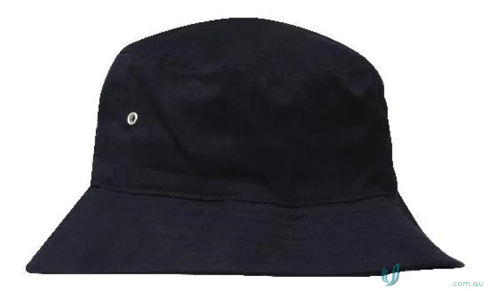 Black fabric bucket hat with a small white circular logo perfect for uniforms and workwear use