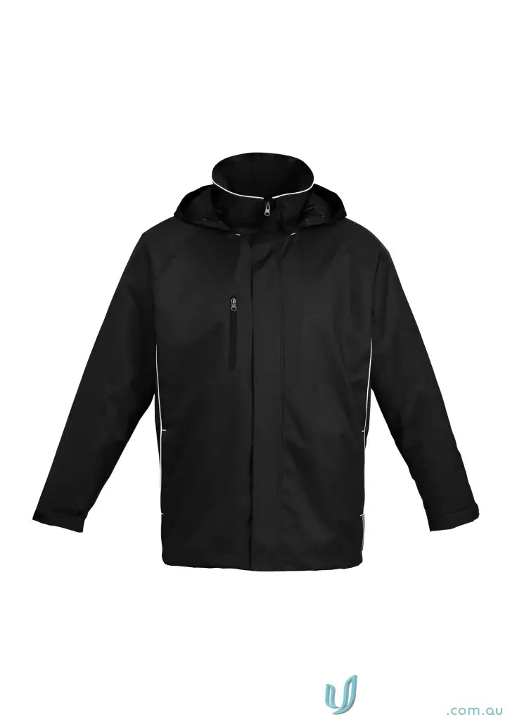 Black unisex jacket with white zipper accents and subtle seams perfect for workwear and uniforms