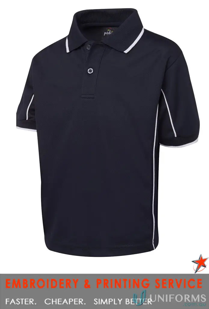Black kids sport polo shirt with white trim on collar sleeves and sides perfect for uniforms and workwear