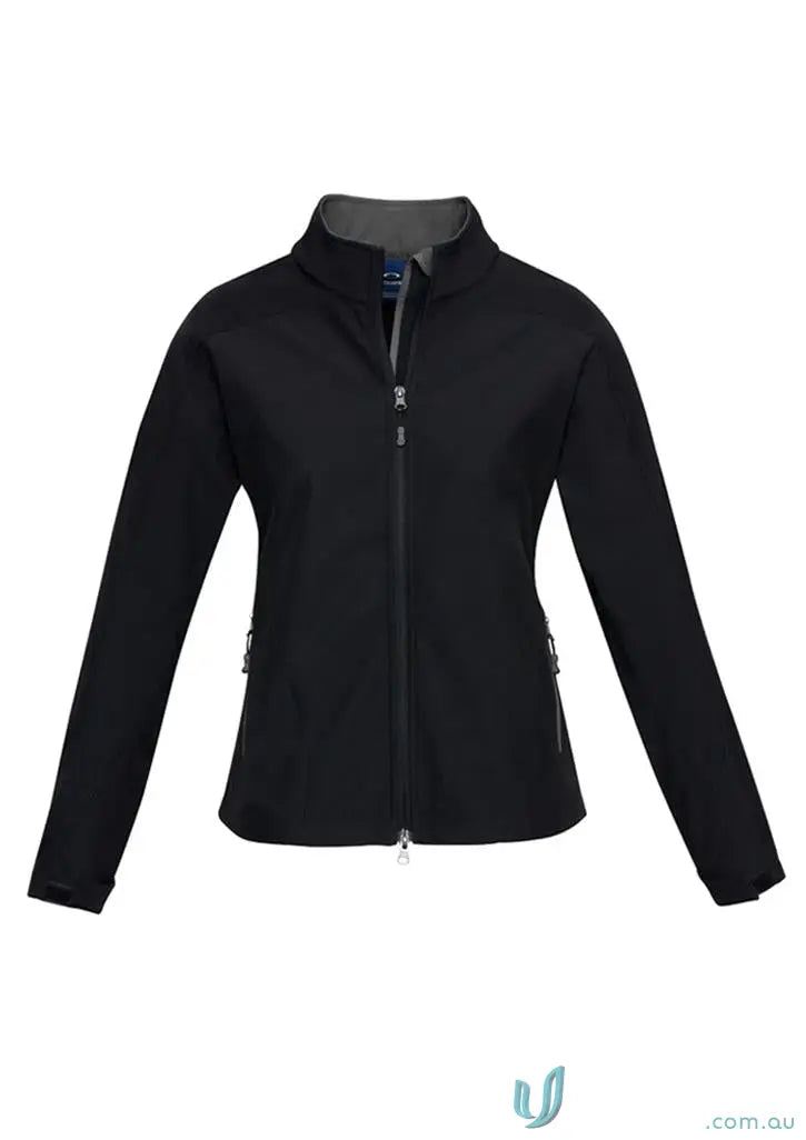 Black zip-up ladies softshell jacket from Mildura ELC for a cool ladies softshell look