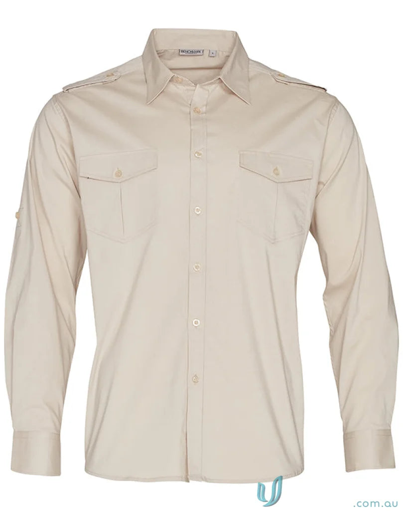 Beige m7912 mens long sleeve military shirt, Benchmark LS Military style