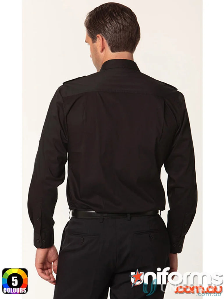 Black long-sleeved uniform shirt from Benchmark LS Military M7912 Mens Long collection