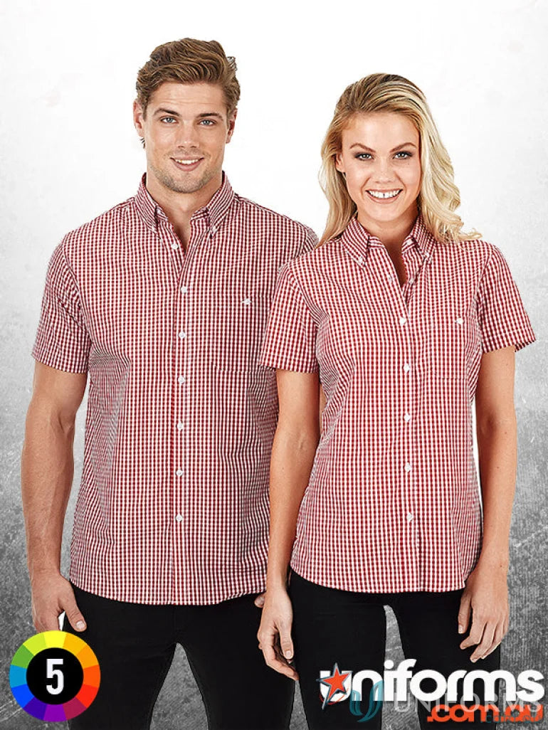 Matching red and white gingham check shirts from Miller Gingham SS Check Shirt workwear collection