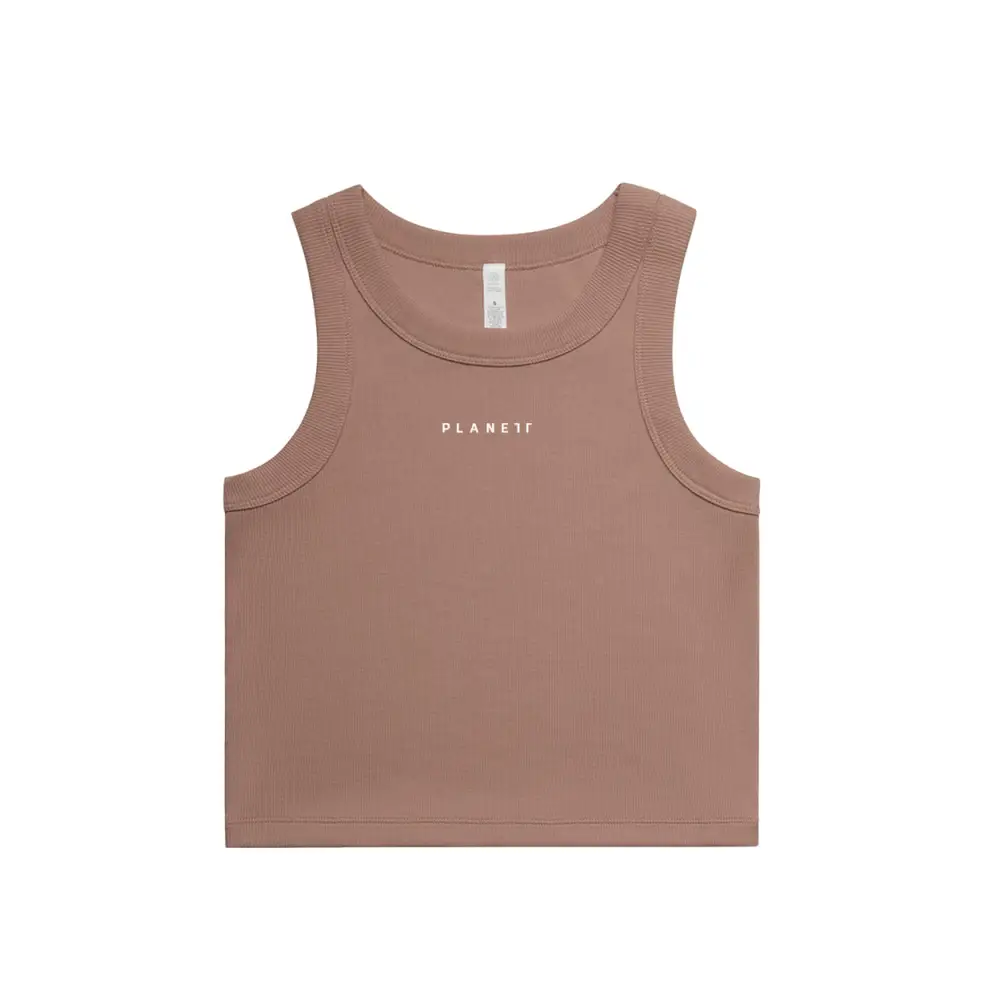 Moira ladies tank: taupe ribbed organic cotton crop with planet logo