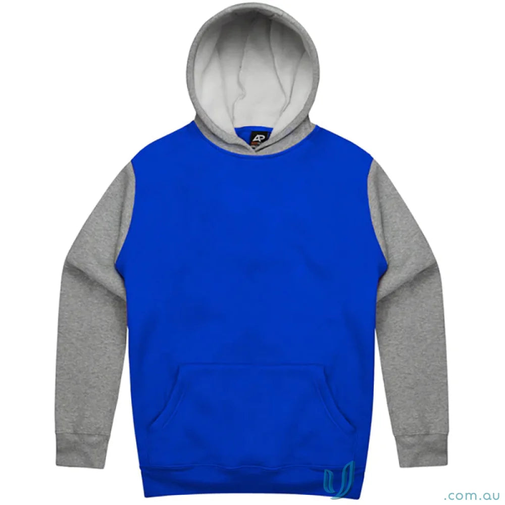 Blue and gray Monash Hoodie with chest measurements, perfect for uniforms