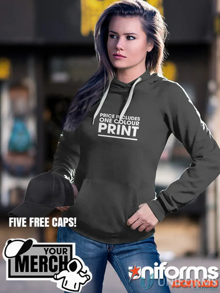 Gray hoodie with white drawstrings from MOQ100 Printed LADIES Workwear collection