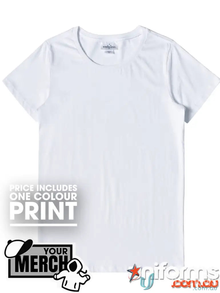 White crew neck T-shirt from MOQ100 Printed LADIES Tee, perfect for work uniforms