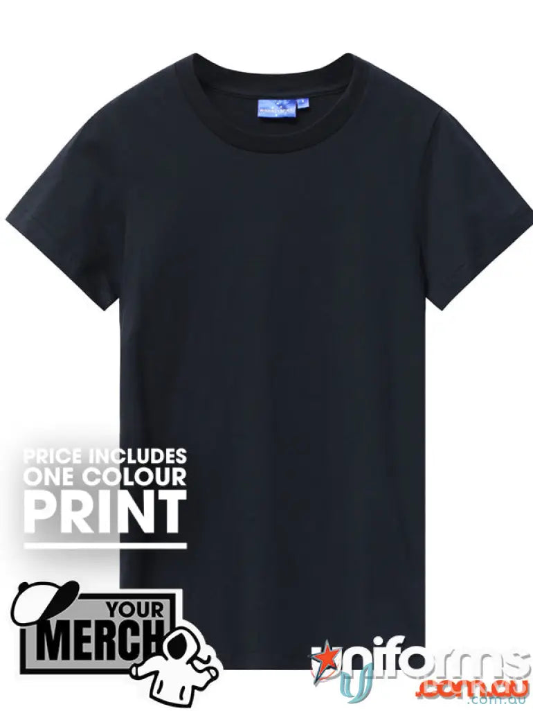 Black crew neck t-shirt perfect for workwear or uniforms in the MOQ1000 Printed LADIES Tee