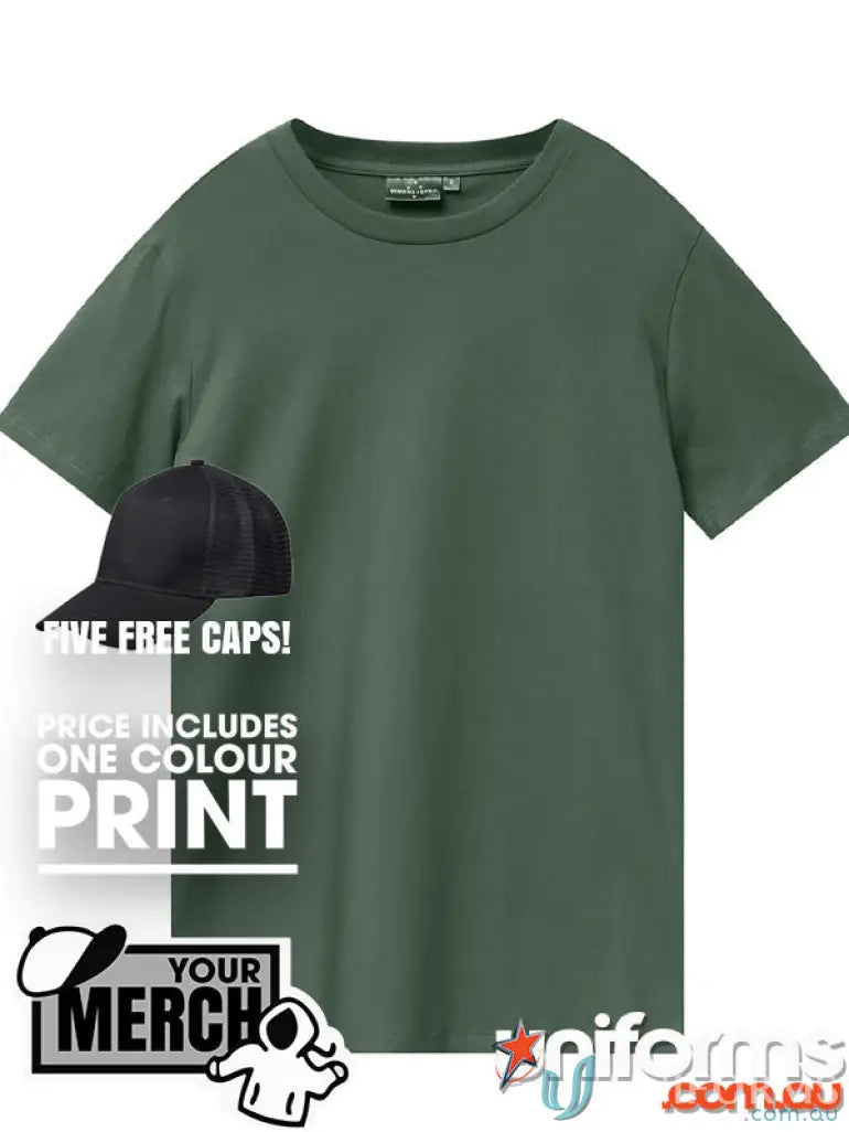Olive green MOQ25 Printed Adult Tee ideal for workwear and uniforms