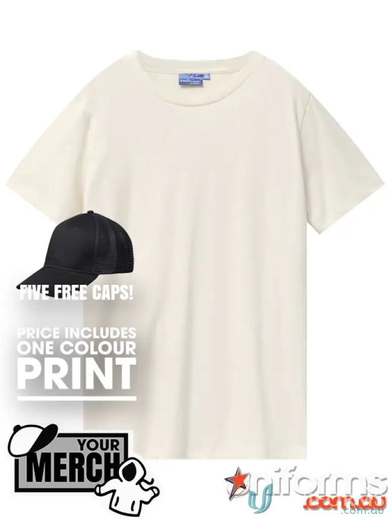 Plain cream-colored T-shirt perfect for uniforms or workwear in the MOQ25 Printed ADULT Tee