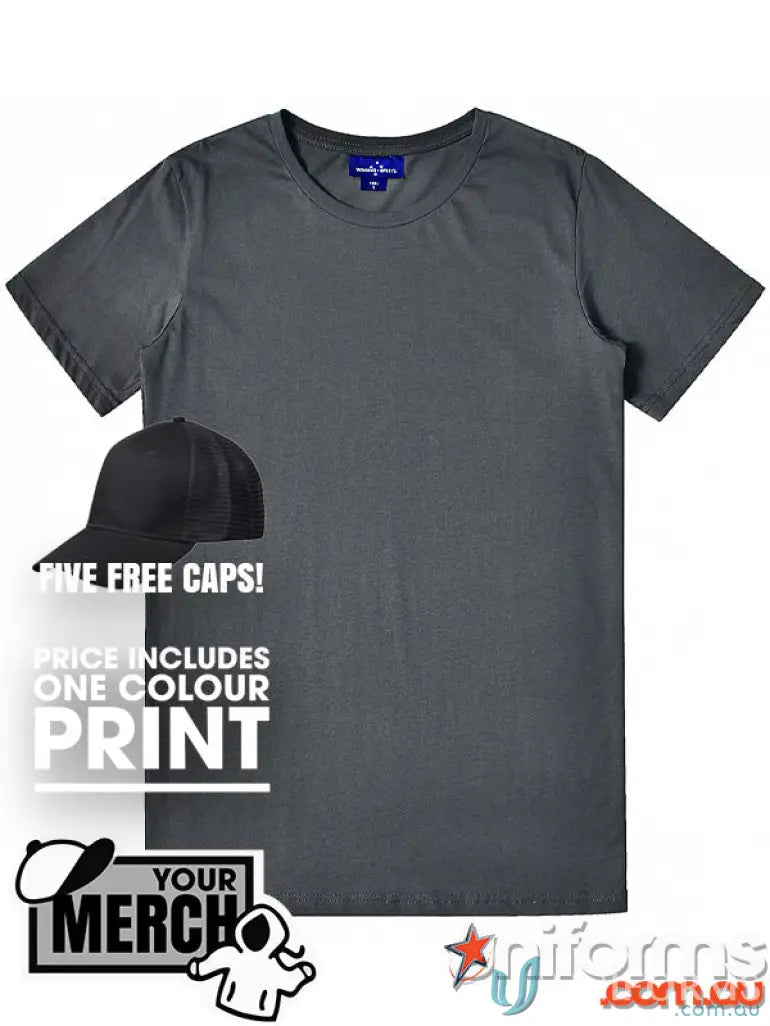 Gray T-shirt with free cap offer perfect for uniforms or workwear, MOQ250 Printed Tee