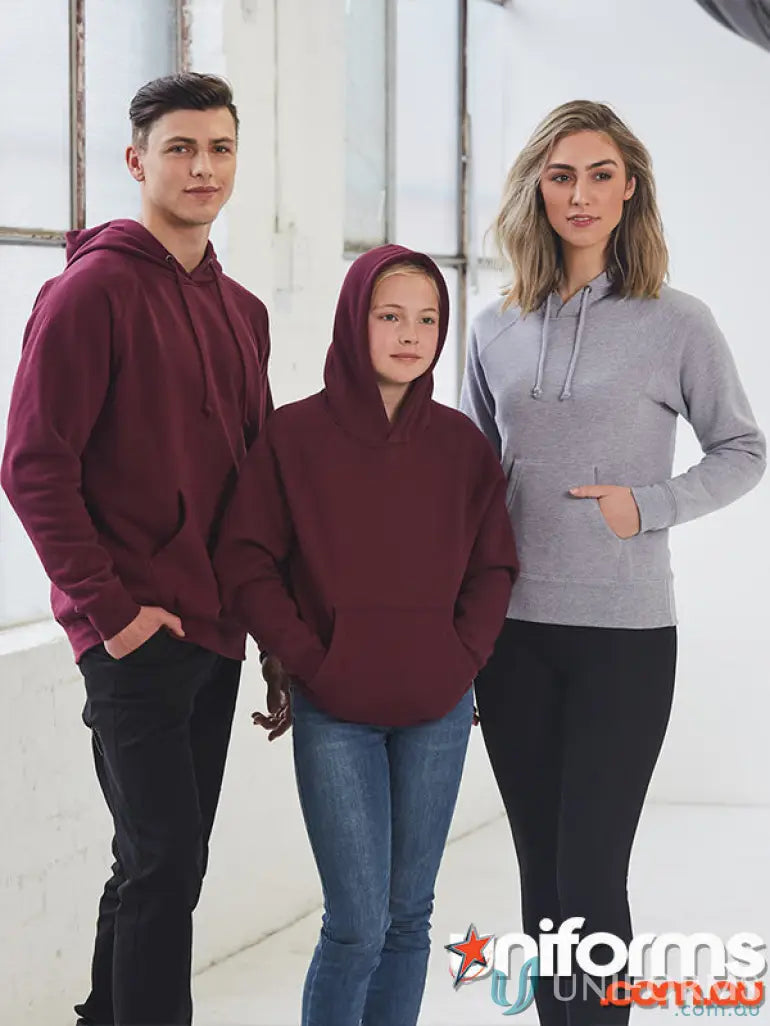 Three people wearing MOQ500 Printed YOUTH Hoodie, perfect for uniforms or workwear
