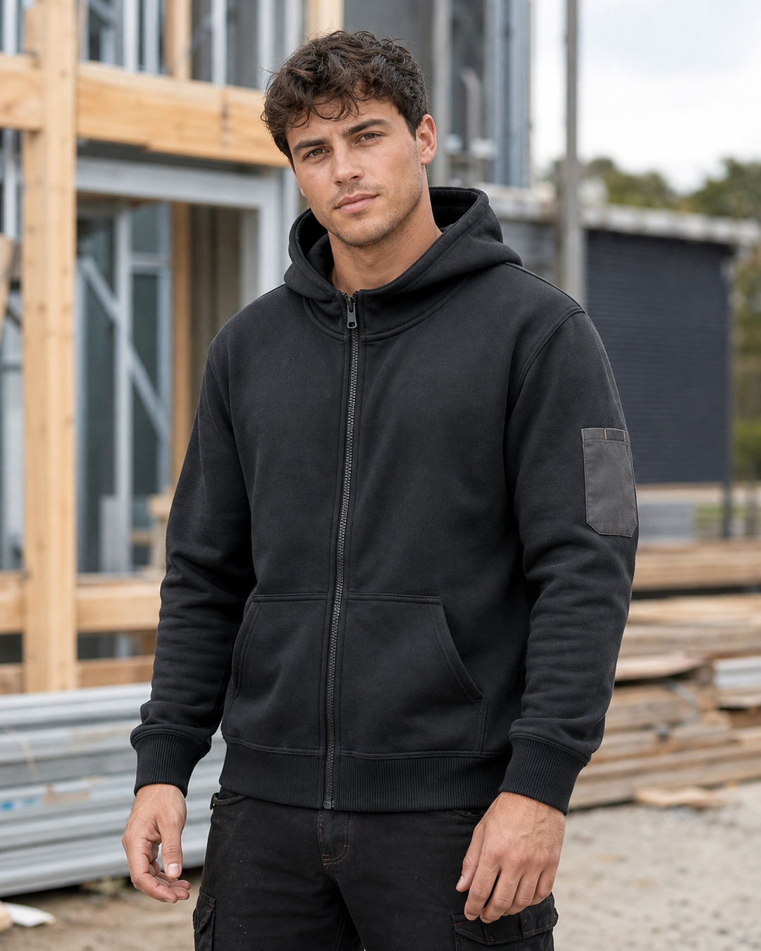 Unisex Zip Front Multi Pocket Hoodie on Australian male model