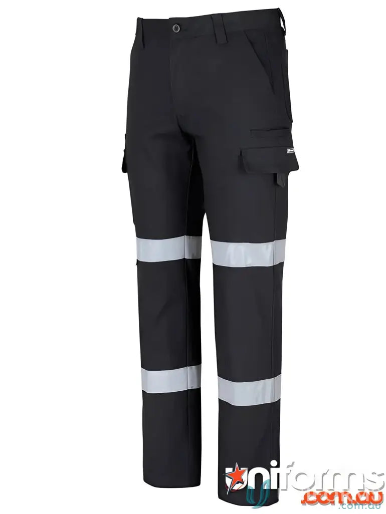 Black stretch canvas work pants with reflective tape and two pockets for durability