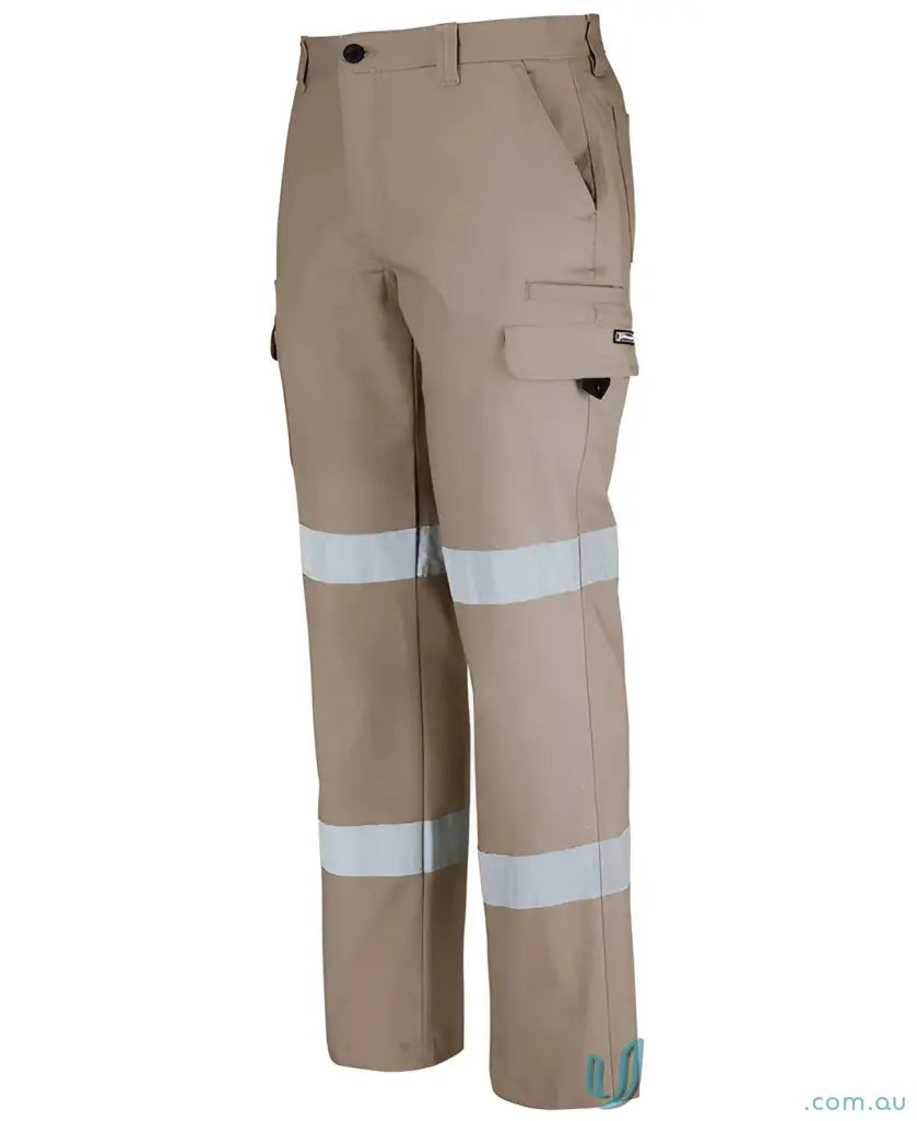 Khaki stretch canvas work pants with two pockets and reflective tape for safety