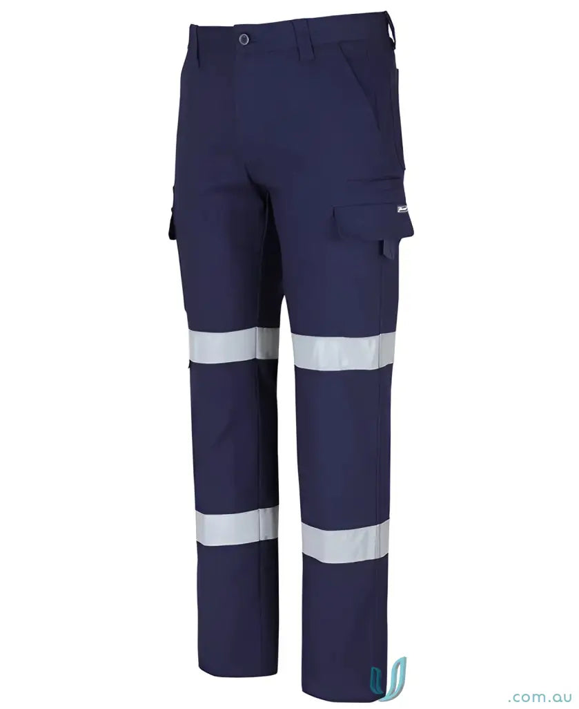 Navy stretch canvas work pants with two pockets and reflective tape for safety