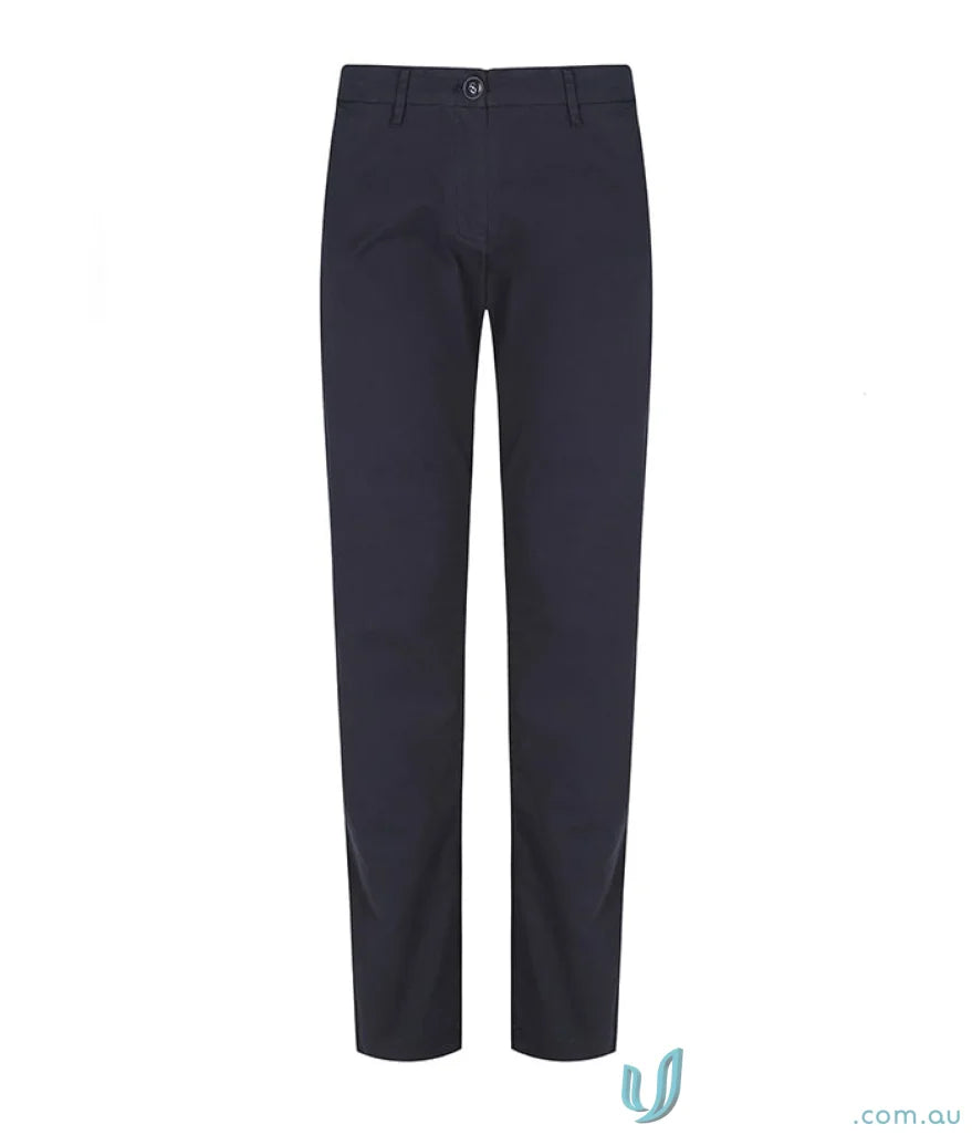 Dark blue men’s chino pant with coin fob pocket and chain belt loop