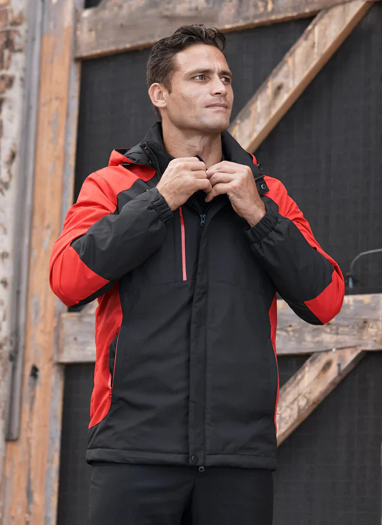 Napier mens jacket: red black two-tone zip hood jacket