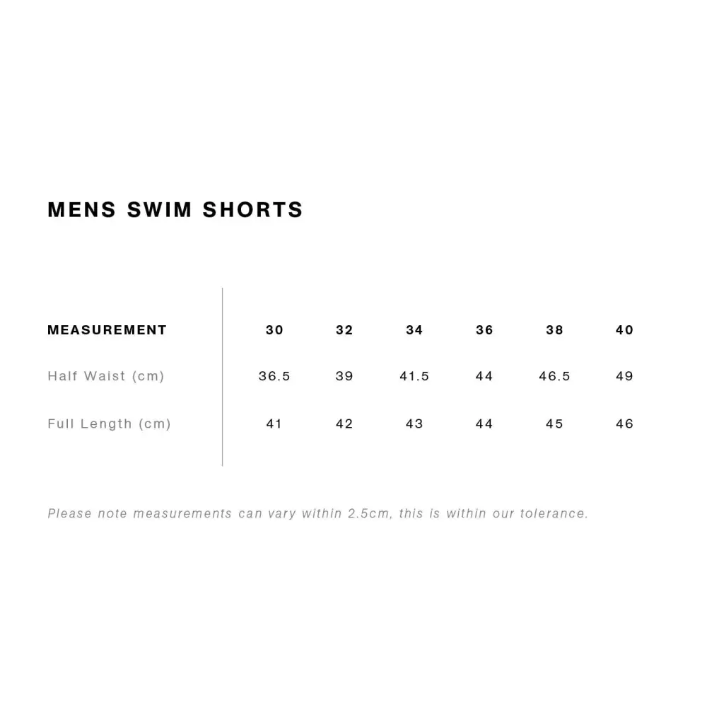 Navy portsea swim shorts size chart showing half waist and full length measurements for sizes 30 to 40 work uniforms
