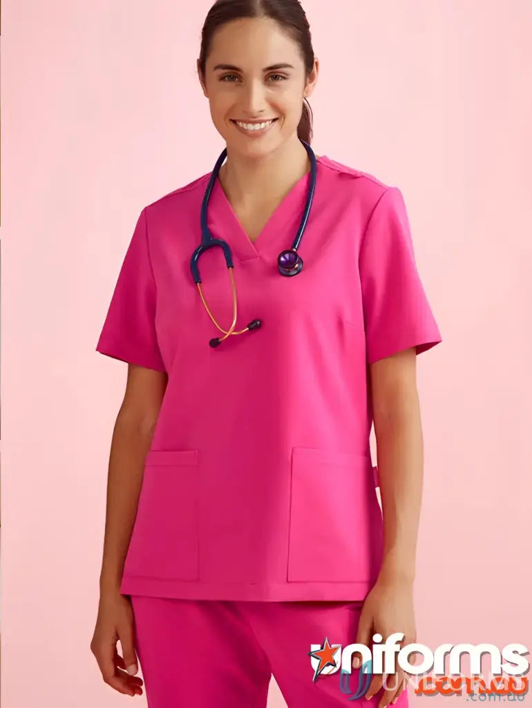 Pink v-neck scrub top with stethoscope for bizcare women’s pink work confidently image
