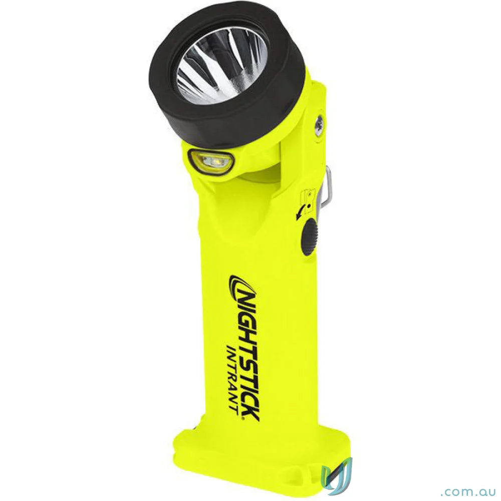 Yellow flashlight with adjustable head showcasing flood runtime and beam distance in survival mode
