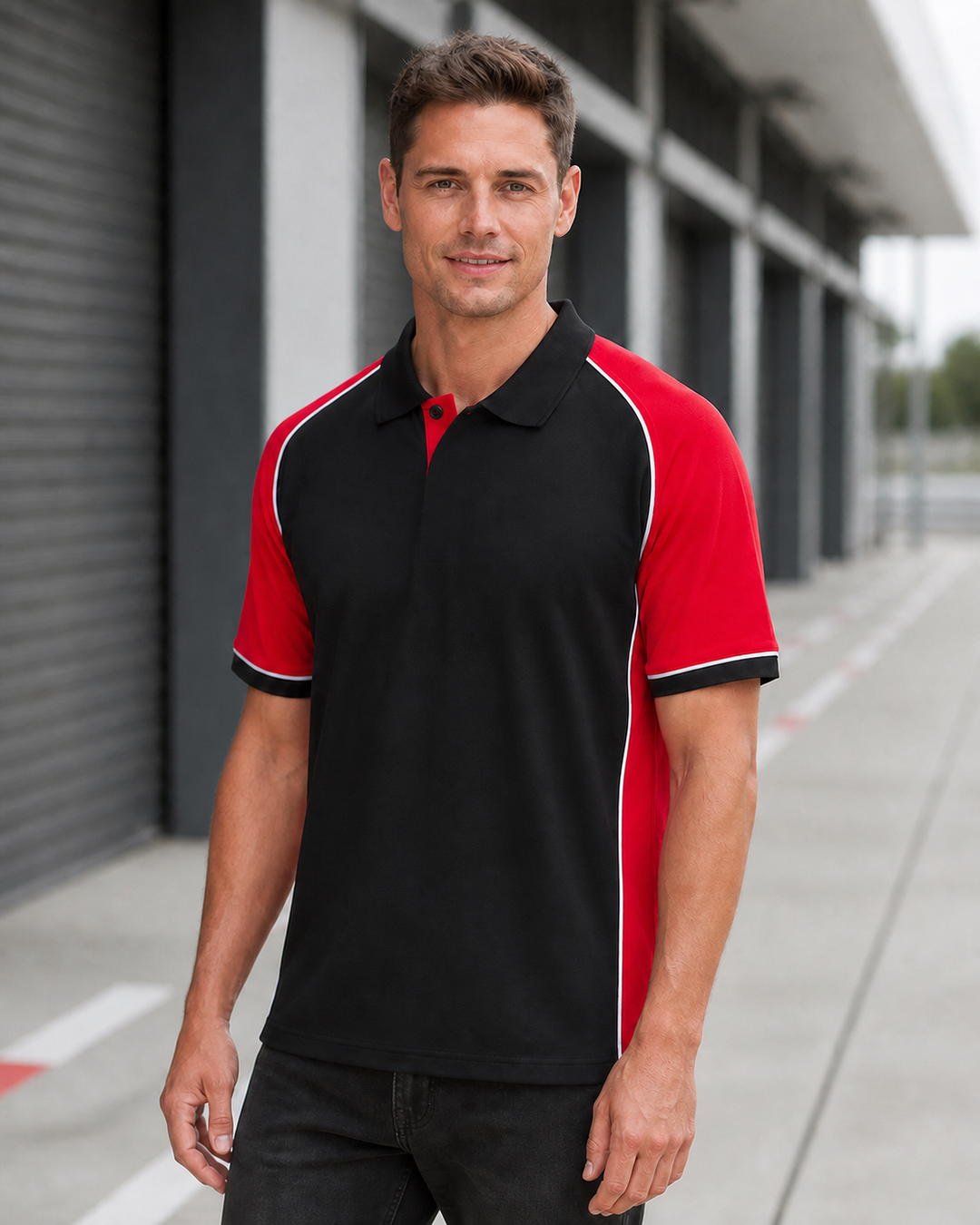 Male model wearing black and red Nitro Polo