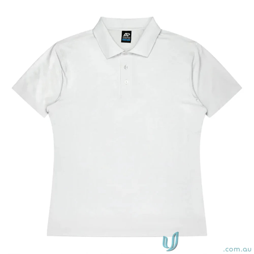 White short-sleeved polo shirt from Noosa Mens Polo with noosa vibes and recycled fabric style