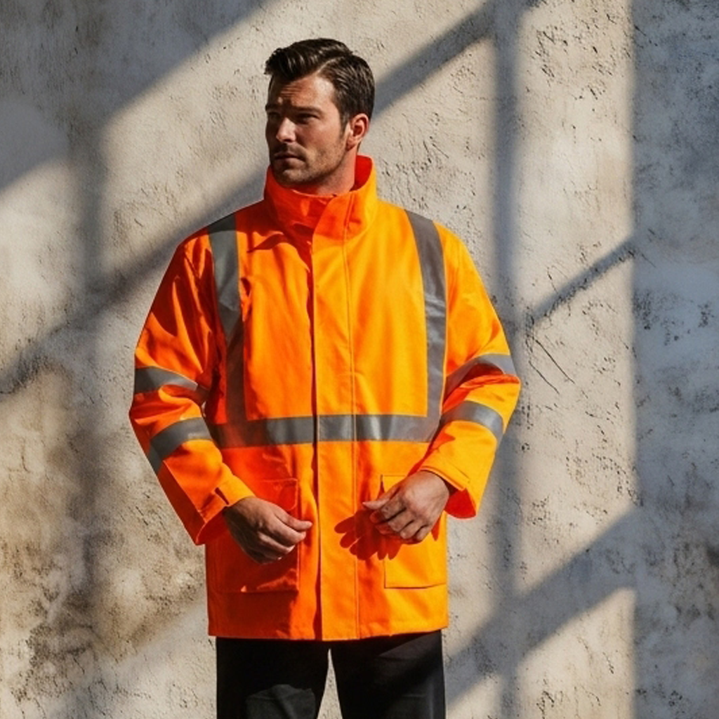NSW Rail reflective 4-in-1 jacket in bright orange hi-vis with gray stripes