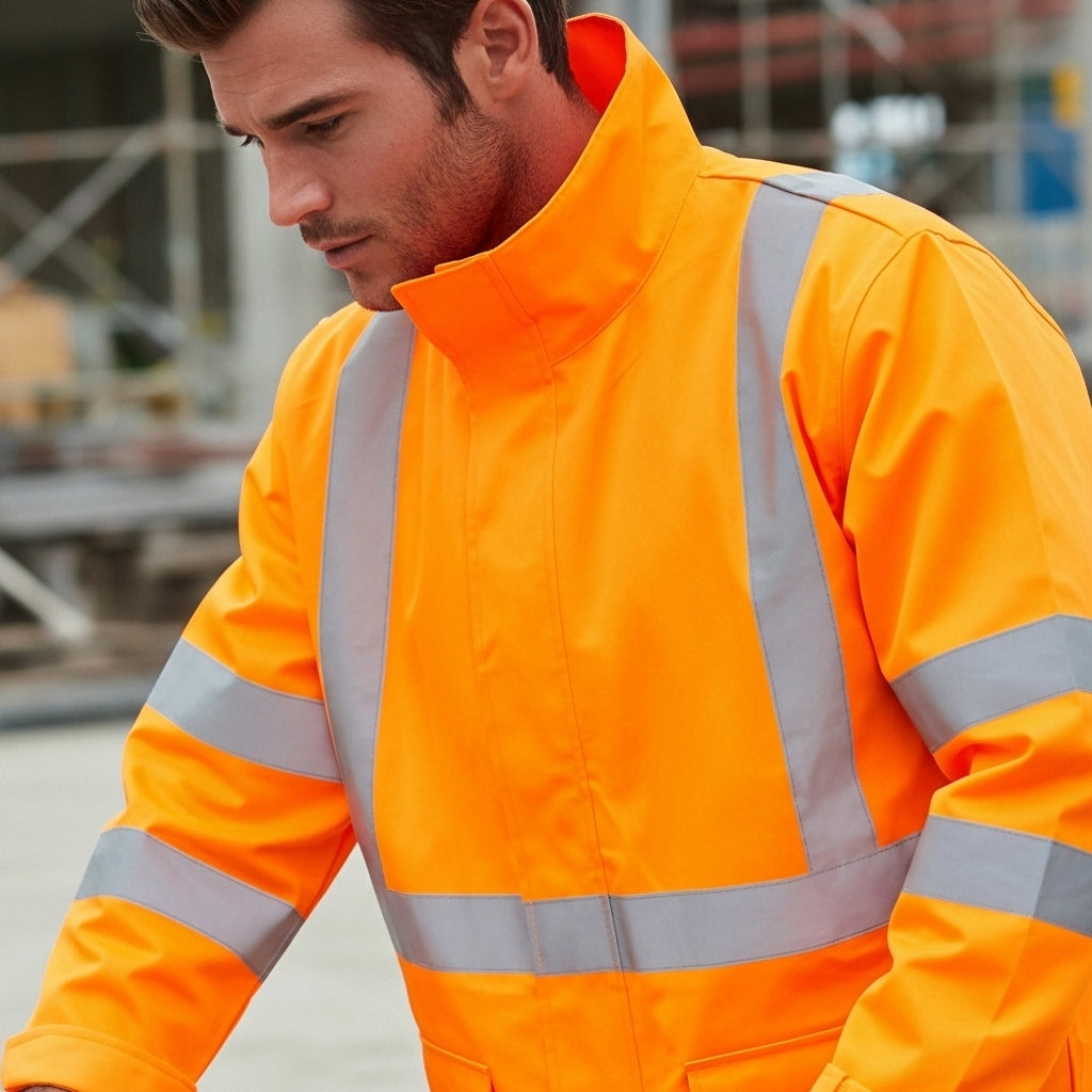 NSW Rail hi vis reflective jacket with bright orange bio-motion x-pattern