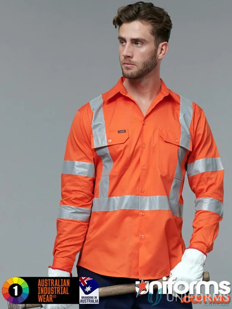 NSW Rail approved lightweight safety shirt with orange long sleeves and reflective stripes
