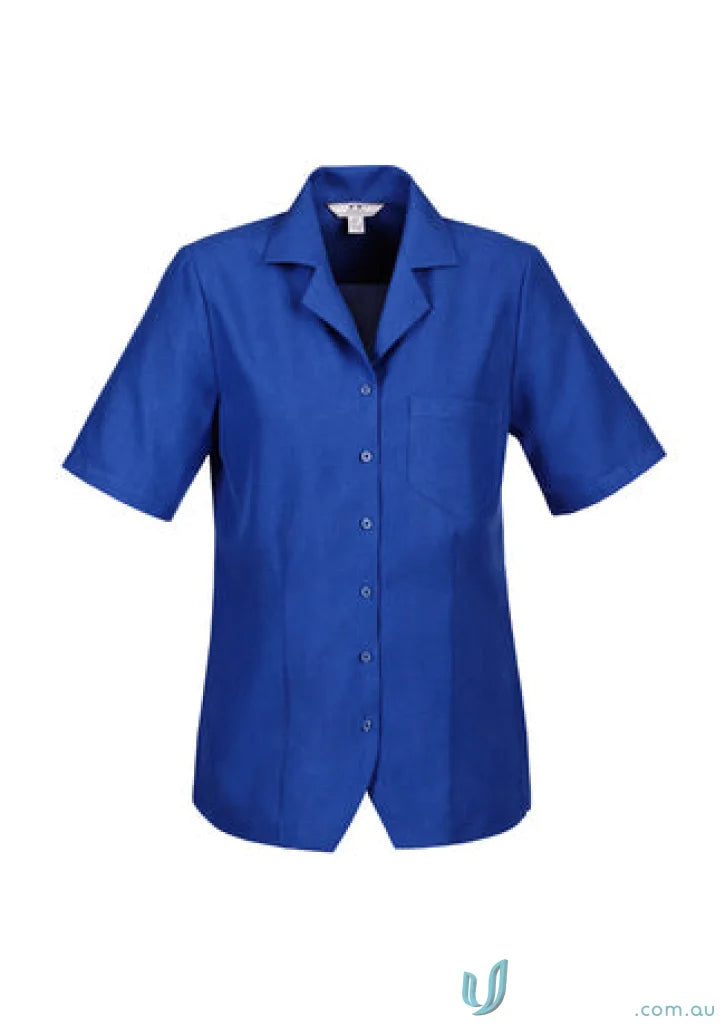 Blue short-sleeved button-down shirt from Oasis Plain Overblouse collection made with Biz ComfortCool fabric