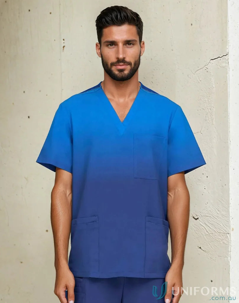 Twilight inclusive ombre blue gradient v-neck scrub top with pockets