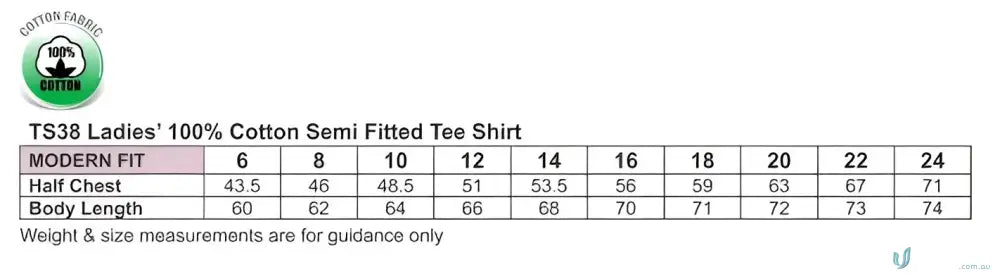 Ladies t-shirt size chart for workwear and uniforms on the One Colour Print Ladies Semi Fit Tee in combed cotton