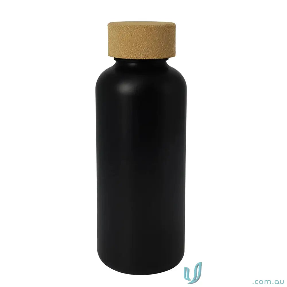 Black organic 650ml water bottle with sugar cane construction and natural cork cap