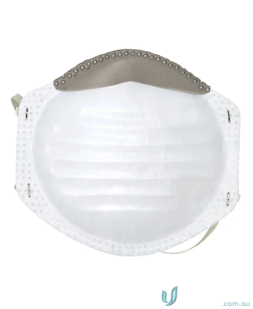 White molded face mask with gray nose bridge for work uniforms and workwear safety