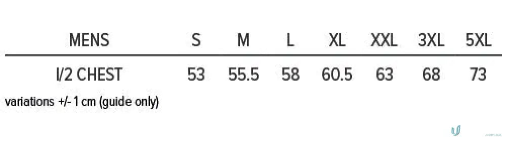 Mens clothing size chart for Panorama Polo workwear and uniforms sizing guide