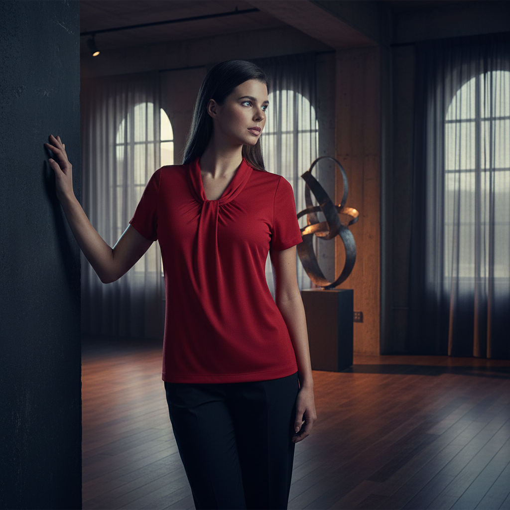 Vibrant red Pippa Ladies SS Top with soft draped neckline and comfy fit